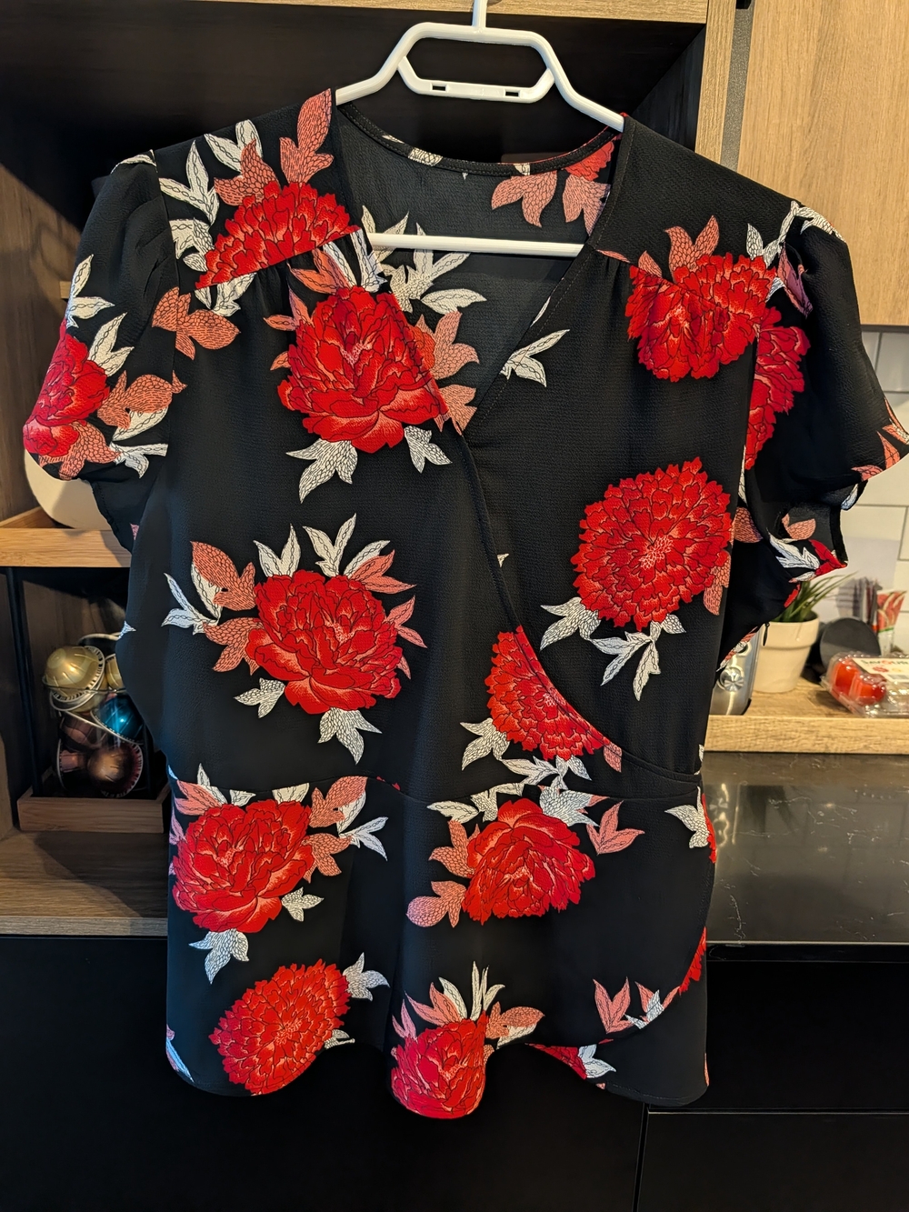 Black Floral Wrap-Style Women's Top with Red Blooms